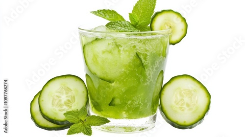 A refreshing cucumber mint cooler garnished with a cucumber slice and sprig of fresh mint, Each sip's crispness and herbal aroma captured with precision