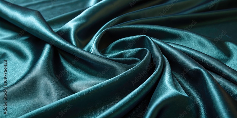 Fototapeta premium Dark Blue Green Satin Fabric Background with Wavy Folds and Texture in Low Light Photography