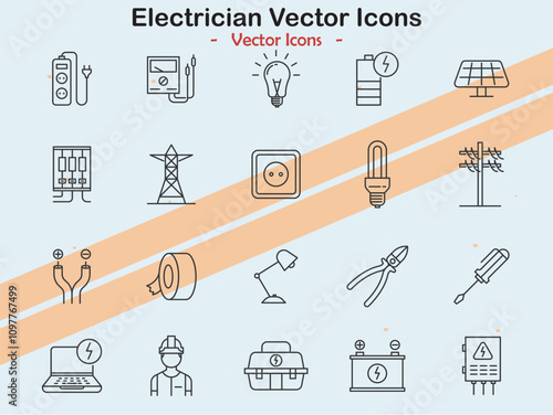 Icons illustrating electrician and electrical work themes in vector style