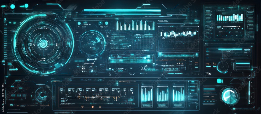 A futuristic digital interface displaying data and analytics in a high-tech design. A futuristic digital interface displaying data and analytics in a high-tech design.