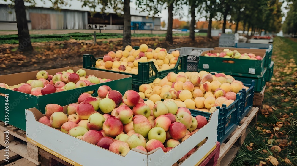 Boxes containing fresh apples are neatly stacked on top of one another Boxes containing fresh apples are neatly stacked on top of one another
