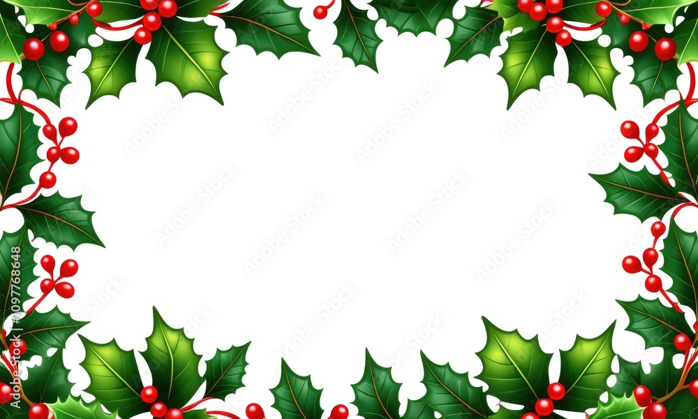 Festive holly and berries frame with green leaves for holiday designs Festive holly and berries frame with green leaves for holiday designs
