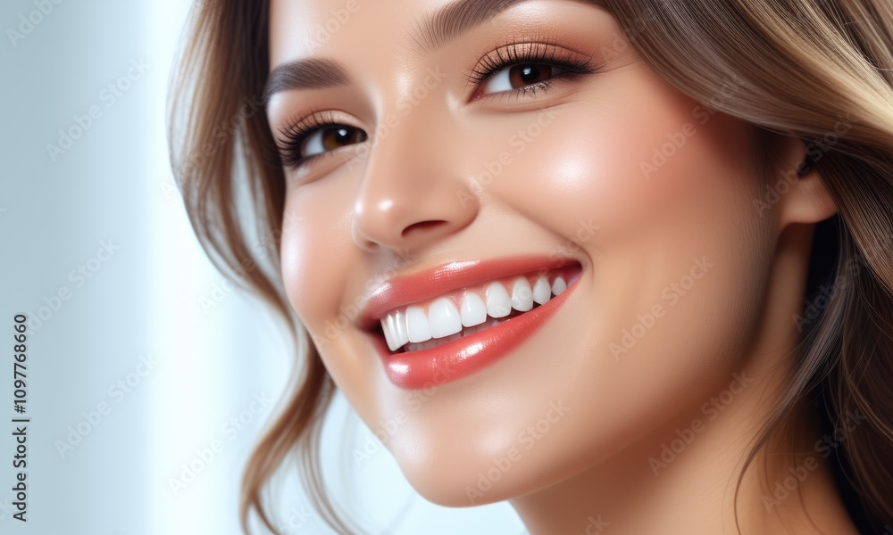 Radiant smile: closeup of a woman with flawless skin and gleaming teeth Radiant smile: closeup of a woman with flawless skin and gleaming teeth