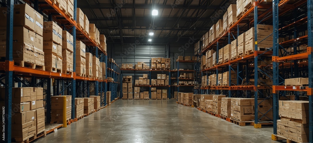 Fototapeta premium Spacious Warehouse Interior With Tall Racking Systems Displaying Stacked Pallets in Business Environment