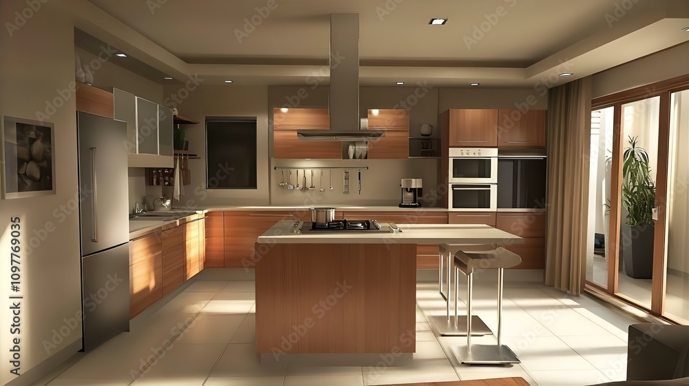 This digitally rendered image showcases a contemporary kitchen with warm, neutral tones and a spacious island This digitally rendered image showcases a contemporary kitchen with warm, neutral tones and a spacious island