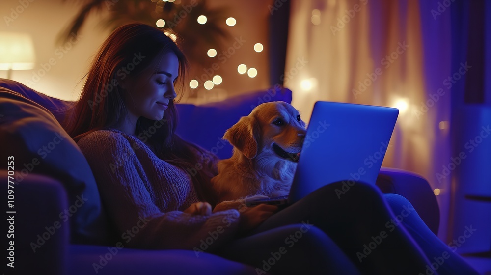 Young Woman Sitting on Sofa with Her Dog and Working on Laptop Young Woman Sitting on Sofa with Her Dog and Working on Laptop