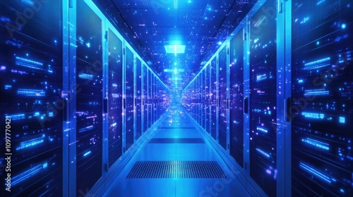 Futuristic data center corridor illuminated in blue hues, showcasing advanced technology and digital data flow.