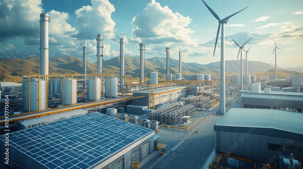A sustainable factory with solar panels, wind turbines, and eco-friendly production processes. Workers are seen assembling products while using renewable energy sources A sustainable factory with solar panels, wind turbines, and eco-friendly production processes. Workers are seen assembling products while using renewable energy sources
