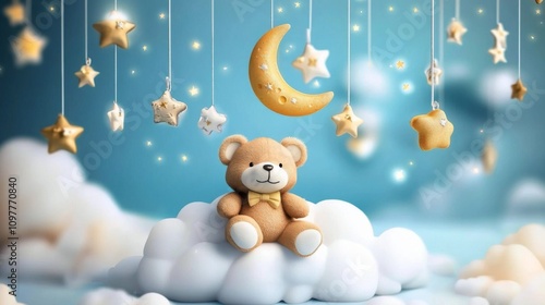Sweet baby crib mobile with cute bear sleeping on moon, stars, and clouds