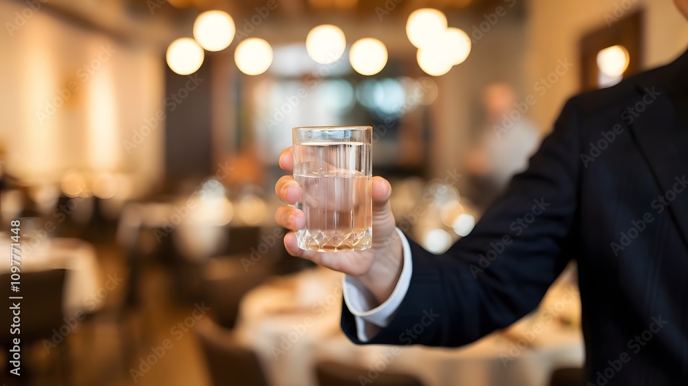 A man dressed in a formal suit is holding a clear glass of water A man dressed in a formal suit is holding a clear glass of water