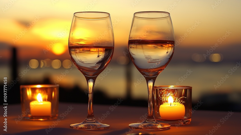 A romantic outdoor rooftop dining setup with glasses of wine during sunset, perfect for a date night. A romantic outdoor rooftop dining setup with glasses of wine during sunset, perfect for a date night.