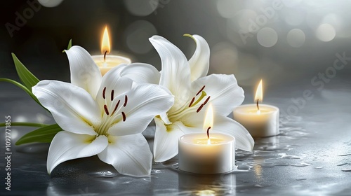 A serene arrangement of white lilies and flickering candles, creating a calming and elegant atmosphere. photo