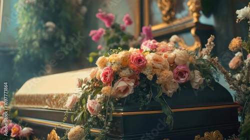 An elegant black casket adorned with a vibrant floral arrangement, symbolizing remembrance and love. photo