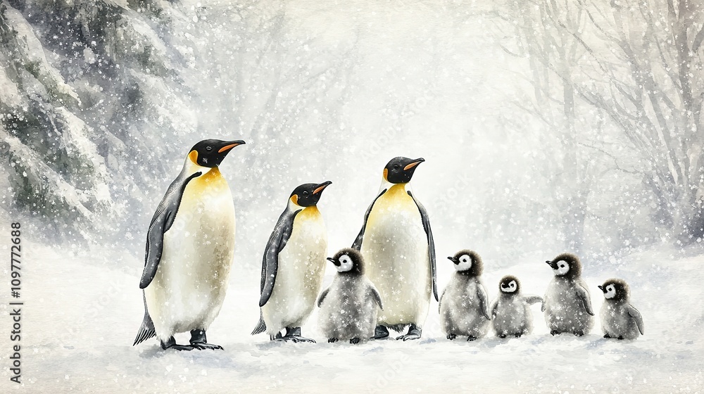 Fototapeta premium King penguin family in snowy landscape.