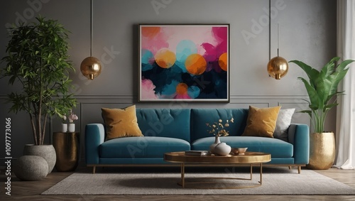 Stylish Living Room Interior with an Abstract Frame Poster, Modern interior design