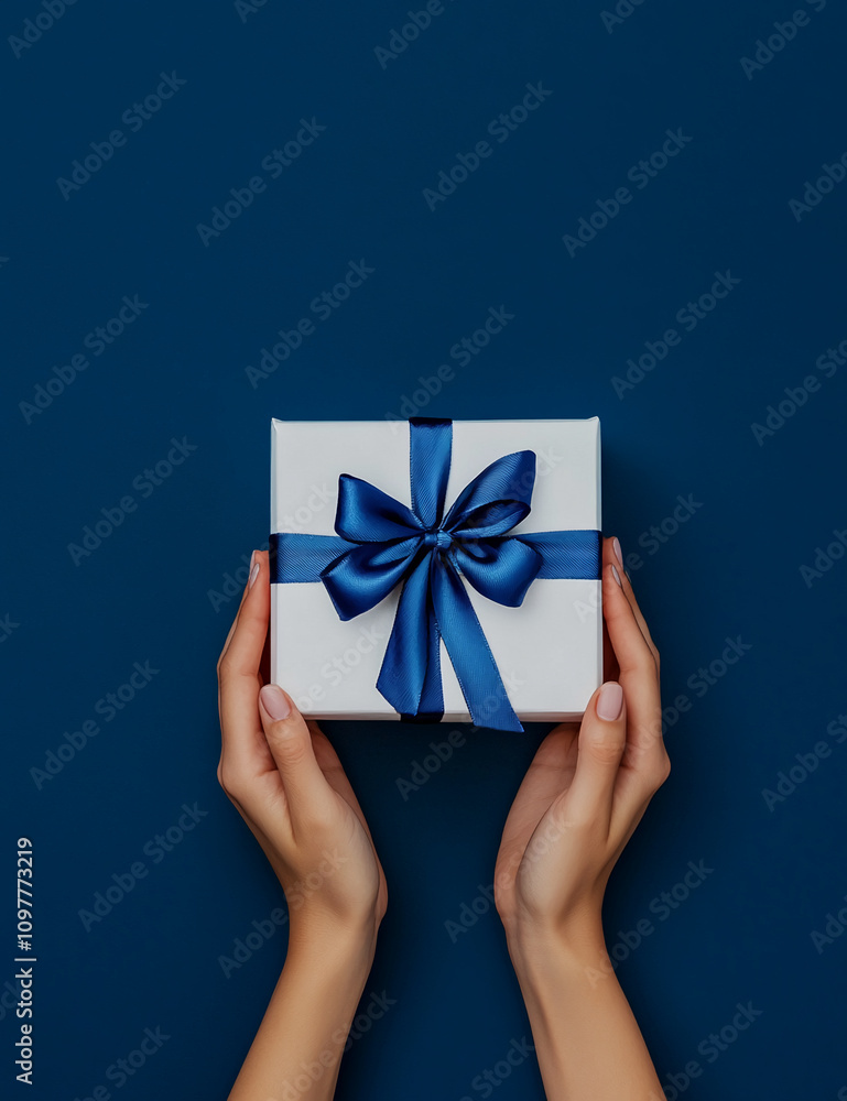Hands holding a beautifully wrapped gift box with a blue ribbon against a dark blue background Hands holding a beautifully wrapped gift box with a blue ribbon against a dark blue background