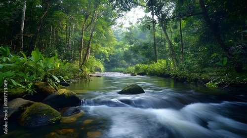 Serene jungle stream flowing smoothly over mossy rocks.