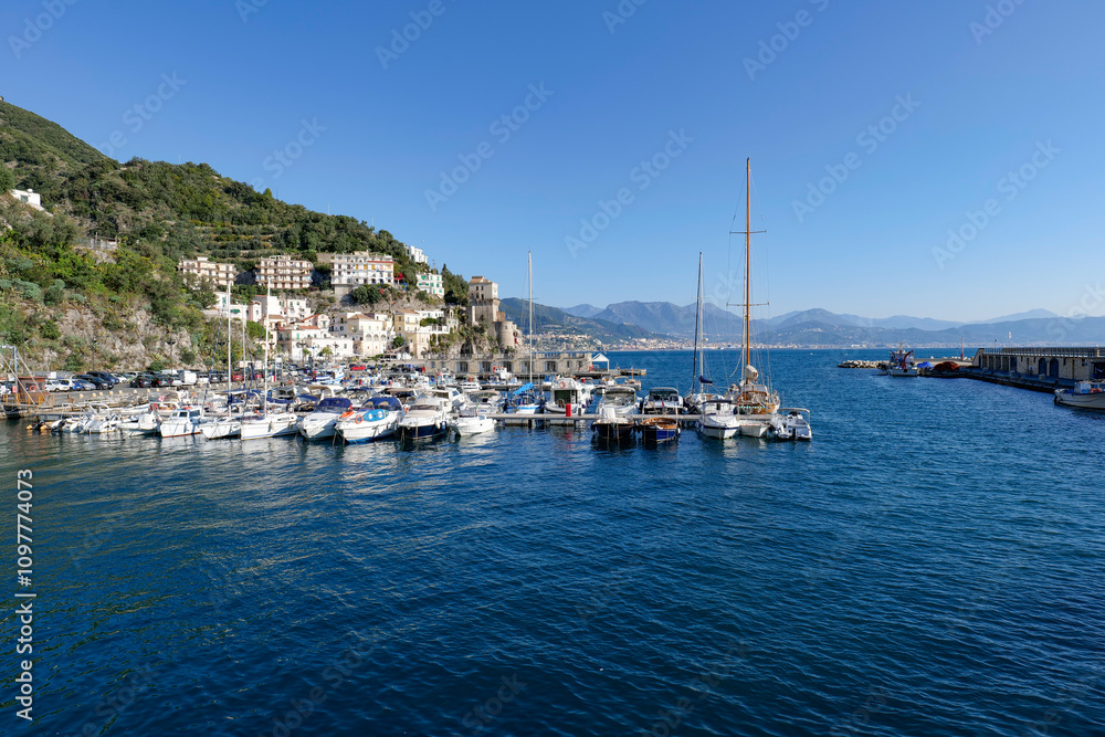 Obraz premium View of the sea and the small port of Cetara, a small town on the Amalfi Coast, Italy.