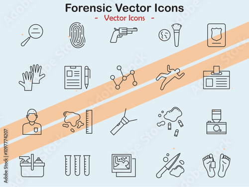 Icons depicting forensic science and investigation themes in vector style