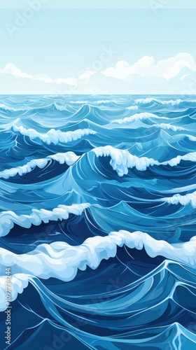 A vibrant depiction of ocean waves, showcasing various shades of blue under a clear sky.