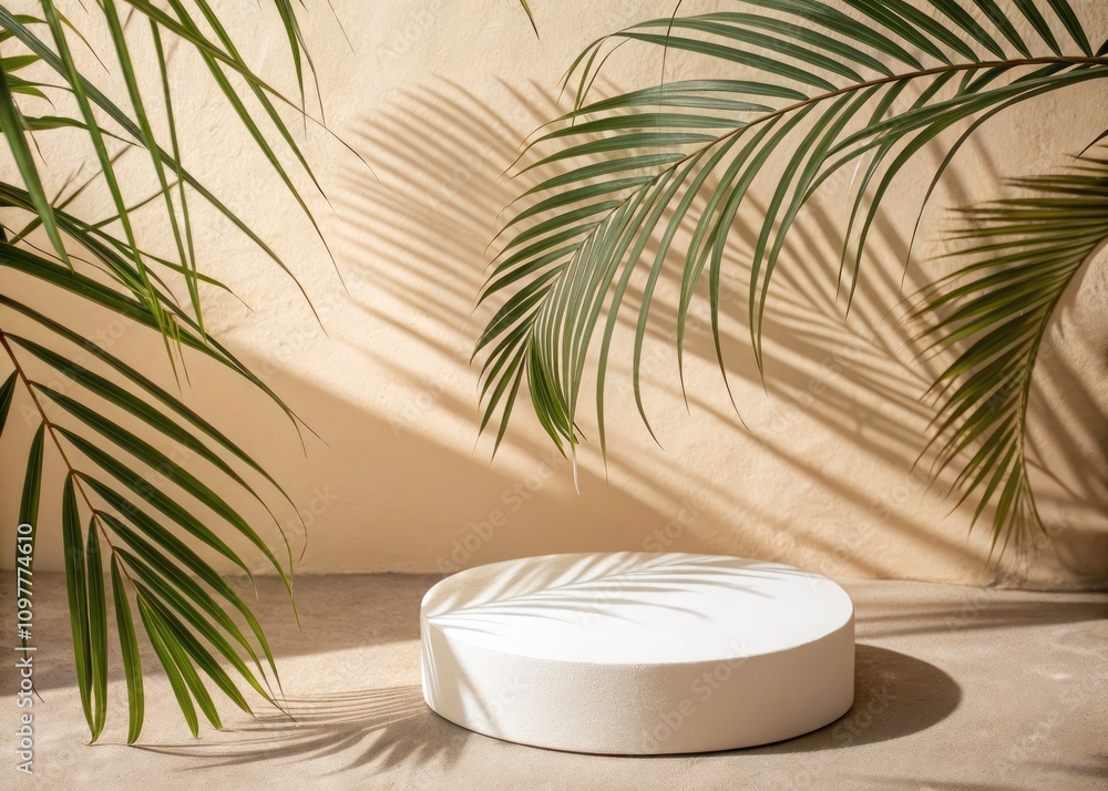 Minimalist Product Display Podium with Palm Leaf Shadows for Luxurious Tropical Branding Ambiance Minimalist Product Display Podium with Palm Leaf Shadows for Luxurious Tropical Branding Ambiance