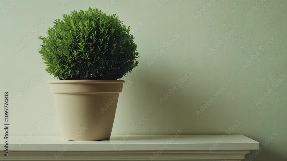 Decorative green plant in a simple pot displayed on a light wooden table against a soft-colored wall Decorative green plant in a simple pot displayed on a light wooden table against a soft-colored wall