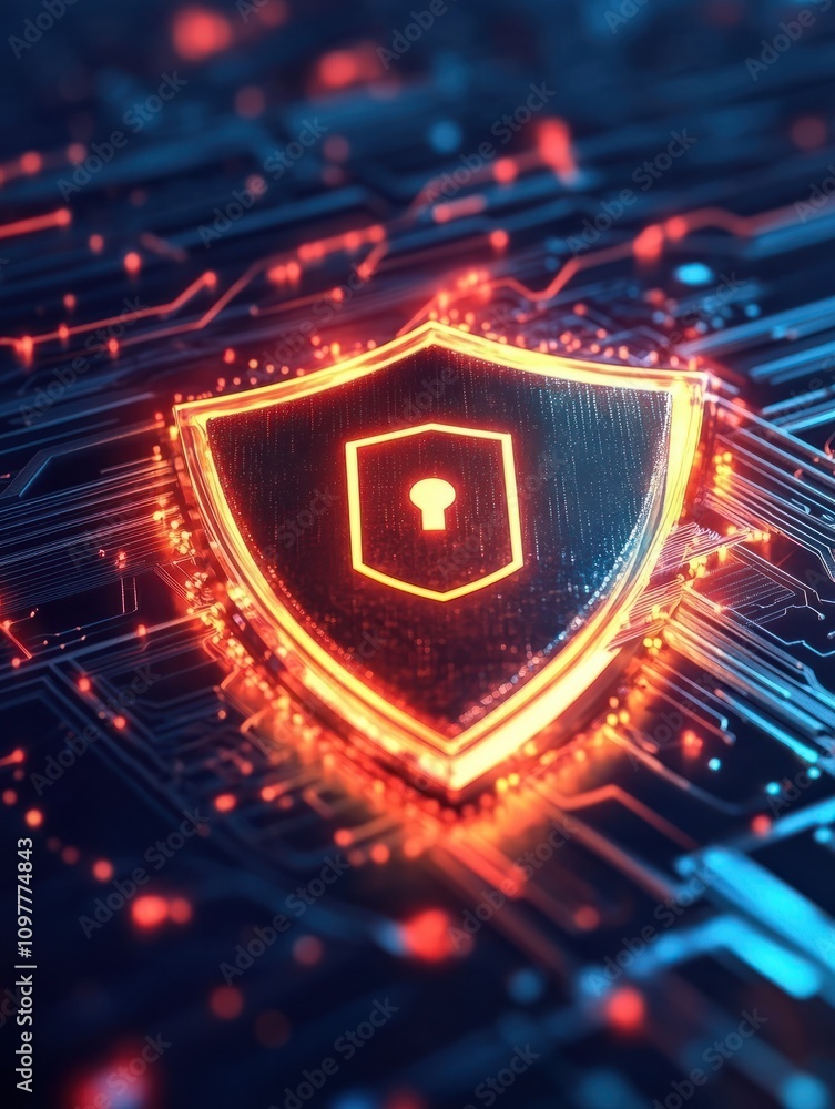 Fototapeta premium Data and information security concept with digital glowing shield on abstract technological button. 3D rendering
