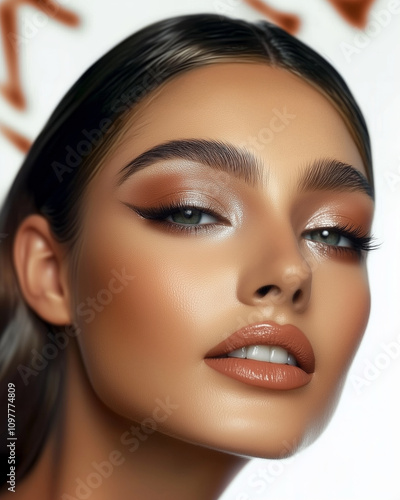 A polished close-up portrait of a young woman with soft bronze eyeshadow, precise eyeliner, and matte nude lips, exuding elegance and radiance in warm natural light. 