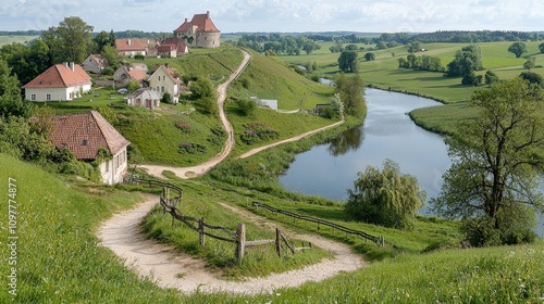 Picturesque Polish Ponidzie  Spring Farms  Castle  River photo