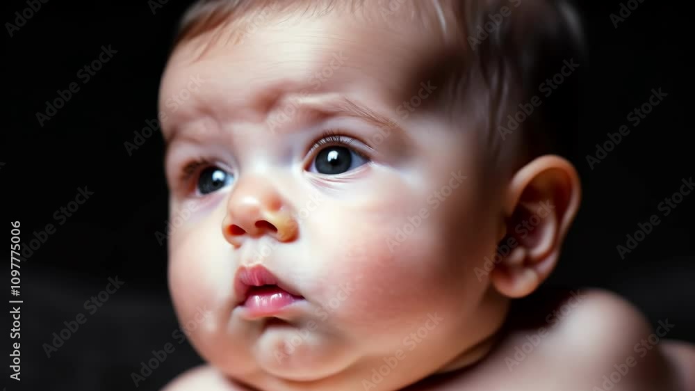 Curious baby's expressions: wonder, contemplation, surprise in closeup Curious baby's expressions: wonder, contemplation, surprise in closeup