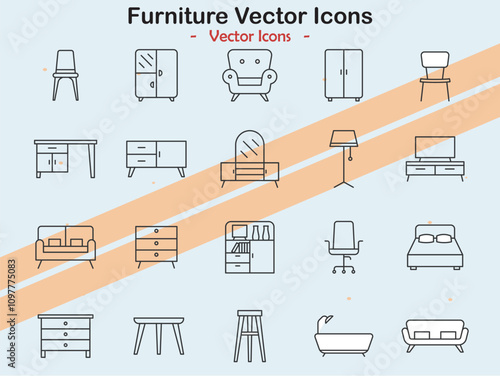 Icons illustrating furniture and interior themes in vector style