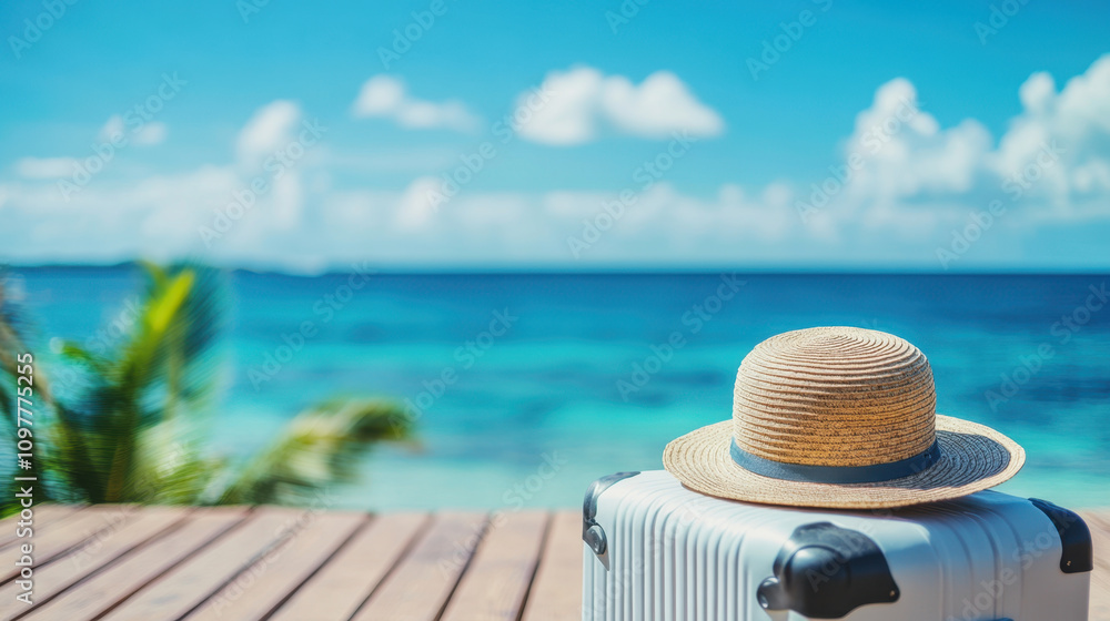 Obraz premium straw hat rests on white suitcase by beach, evoking sense of relaxation and adventure. vibrant blue ocean and sky create perfect vacation atmosphere