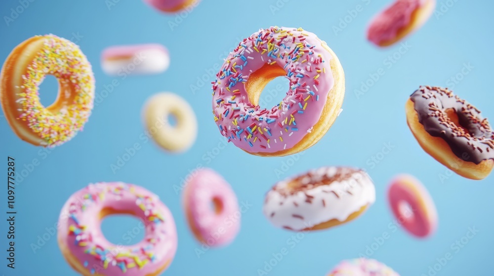 Vibrant donuts with pink, white, and chocolate frosting, covered in colorful sprinkles, float against a bright blue background. The image evokes a playful, fun, and cheerful mood, perfect for food Vibrant donuts with pink, white, and chocolate frosting, covered in colorful sprinkles, float against a bright blue background. The image evokes a playful, fun, and cheerful mood, perfect for food