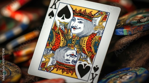 A vibrant King of Spades playing card amidst a colorful pile of poker chips. photo