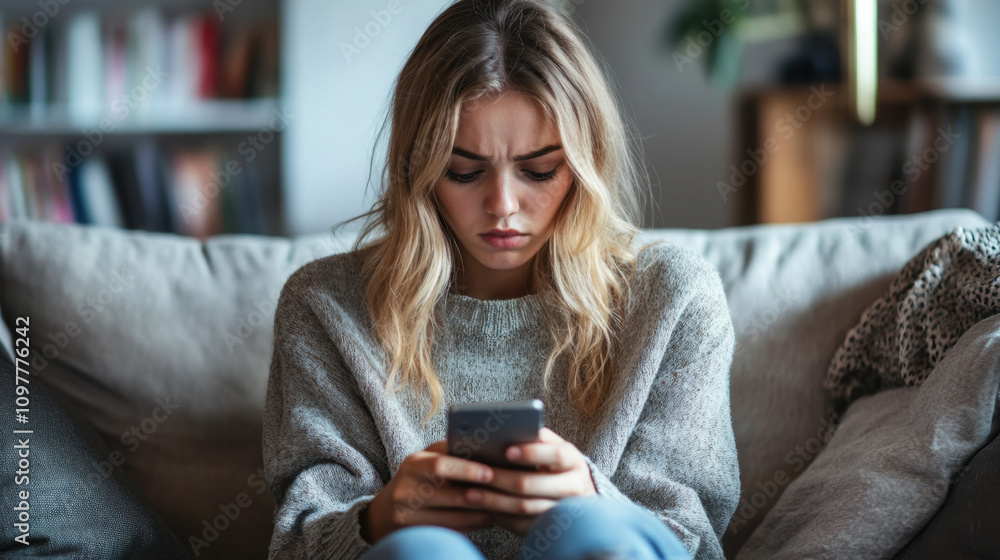 young woman with long hair sits on sofa, looking at her smartphone with concerned expression. cozy living room setting adds to emotional atmosphere young woman with long hair sits on sofa, looking at her smartphone with concerned expression. cozy living room setting adds to emotional atmosphere