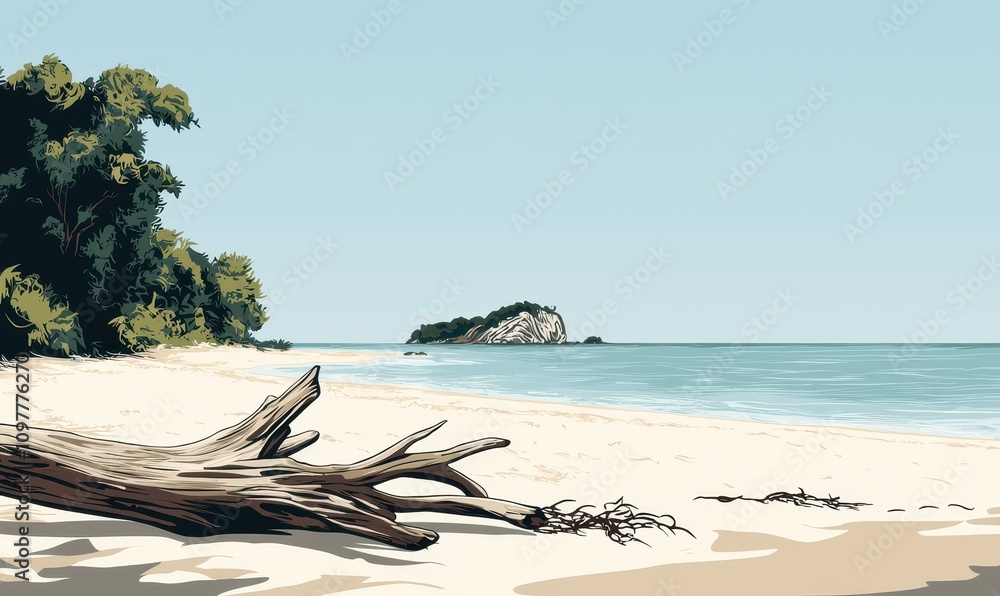 Naklejka premium A serene beach scene featuring a sandy shore, driftwood, lush greenery, and a distant island under a clear blue sky.