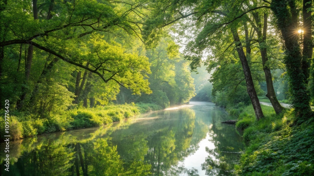 Serene River Flowing Through Lush Green Forest - Tranquil Nature Scene with Reflections, Sunlight Filtering, and Vibrant Foliage for Architectural Photography and Landscape Inspiration Serene River Flowing Through Lush Green Forest - Tranquil Nature Scene with Reflections, Sunlight Filtering, and Vibrant Foliage for Architectural Photography and Landscape Inspiration