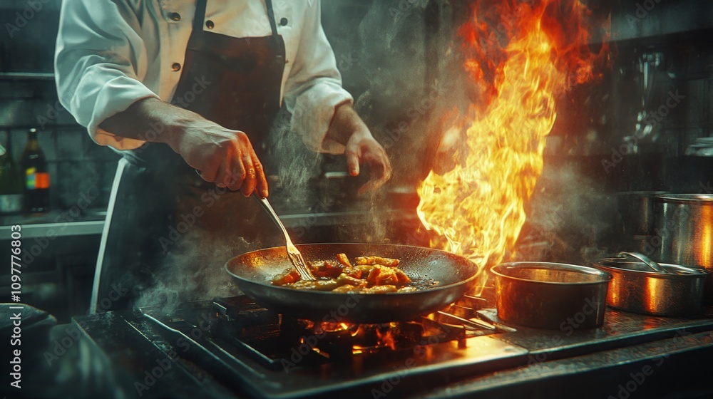 A chef skillfully handles a skillet over a high flame, creating an impressive flambe. The image captures the intensity and focus required in a fast-paced, professional kitchen environment.. AI A chef skillfully handles a skillet over a high flame, creating an impressive flambe. The image captures the intensity and focus required in a fast-paced, professional kitchen environment.. AI