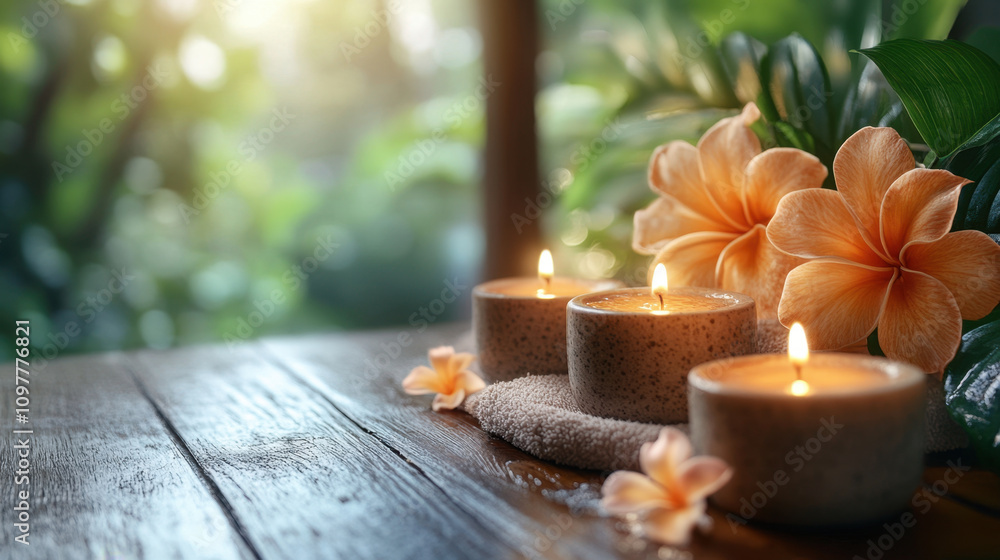 Relaxing spa scene with candles and flowers on wooden table, creating serene atmosphere. soft glow of candles enhances tranquil setting, perfect for relaxation Relaxing spa scene with candles and flowers on wooden table, creating serene atmosphere. soft glow of candles enhances tranquil setting, perfect for relaxation