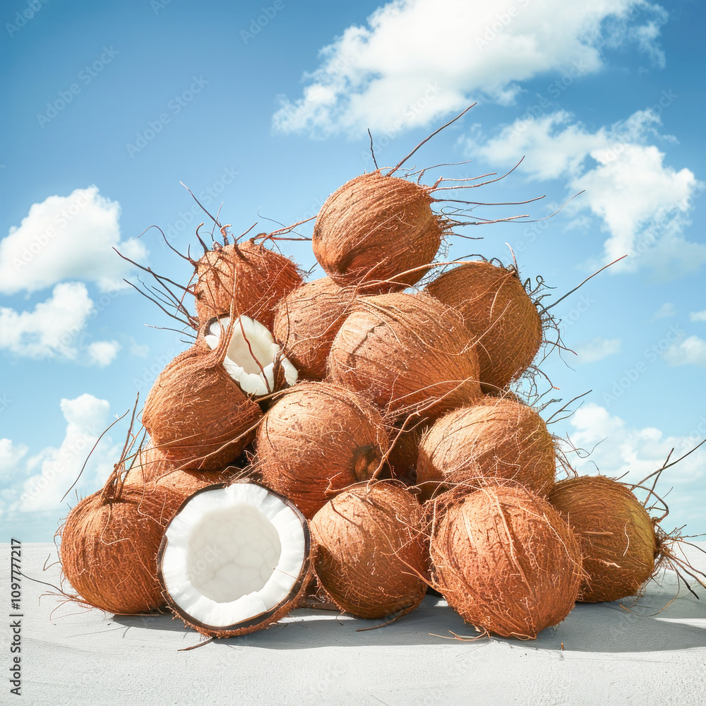 pile of coconuts under a blue sky pile of coconuts under a blue sky