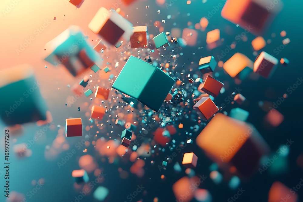 Abstract 3D composition of colorful cubes floating in space, creating a dynamic visual effect.