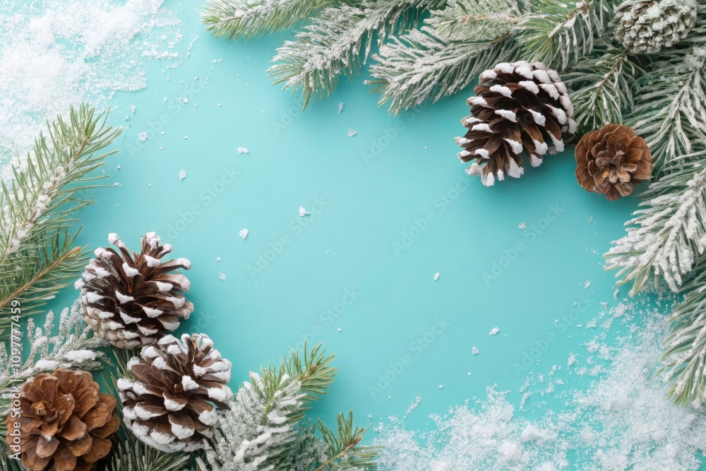 Snow-Dusted Pine Cones and Frosted Fir Branches on a Turquoise Background with Copy Space for Seasonal Decor and Holiday Themes