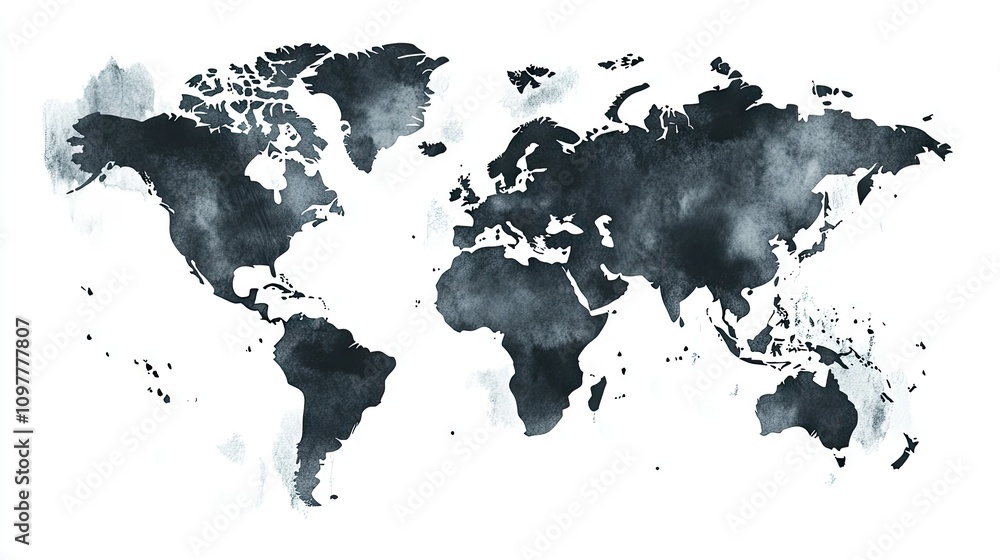 A stylized, artistic representation of a world map in dark tones, showcasing continents with a watercolor effect.