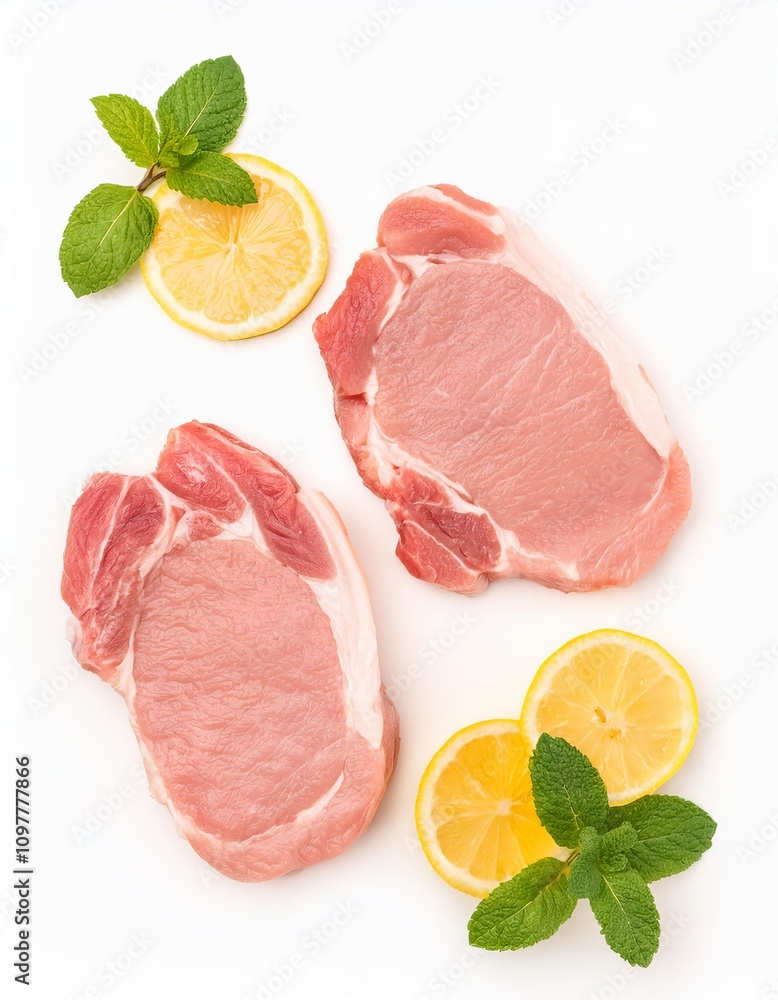 Fresh raw pork chops with lemon and mint on white background Fresh raw pork chops with lemon and mint on white background