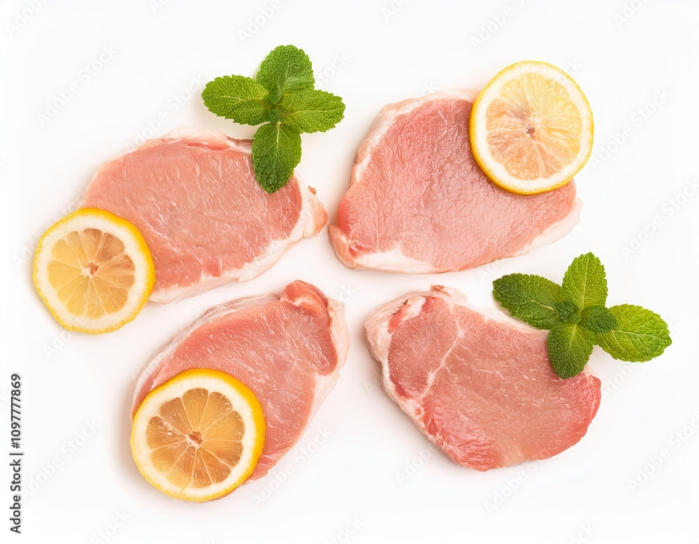 Fresh pork steaks with lemon and mint on white background Fresh pork steaks with lemon and mint on white background