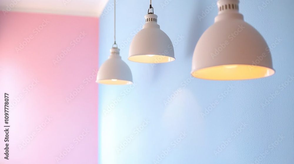 Minimalist Interior Design Three Hanging Lamps Pastel Wall Soft Lighting Copy Space Minimalist Interior Design Three Hanging Lamps Pastel Wall Soft Lighting Copy Space