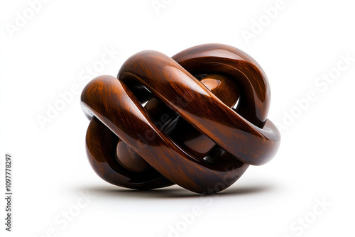 Artistic wooden sculpture with intertwined rings on white isolated background. photo