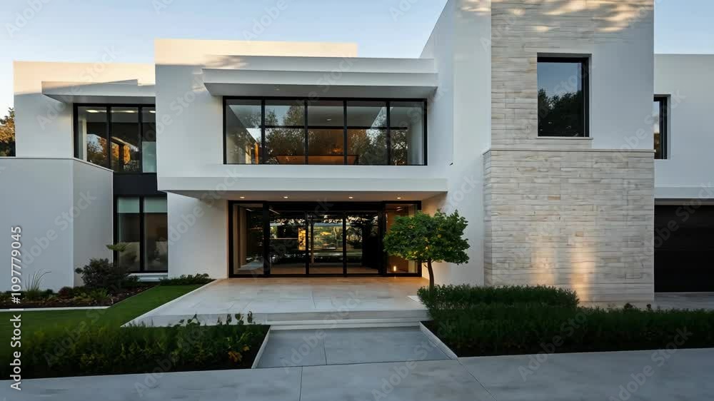 Modern architectural design showcasing a sleek white facade with large glass windows in a contemporary home Modern architectural design showcasing a sleek white facade with large glass windows in a contemporary home