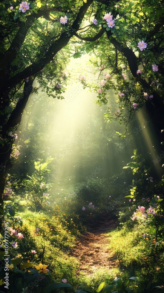 Fototapeta premium A serene and enchanting forest path illuminated by soft sunlight filtering through lush greenery and blooming flowers.