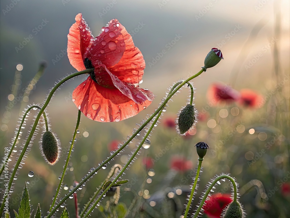 Obraz premium Vibrant Poppy Flower with Water Drops and Soft Focus Background for Stunning Floral Photography